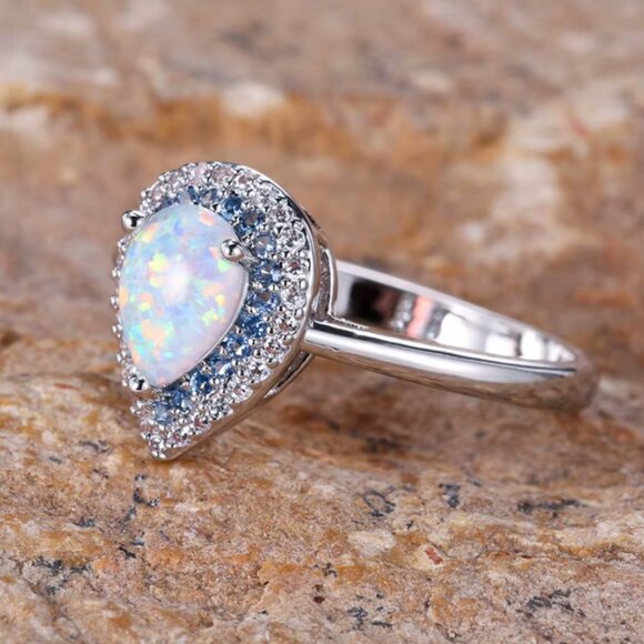 NEW 14k White Gold Opal Diamond Ring Pear Cut Tear Drop Opal Ring - Picture 3 of 4